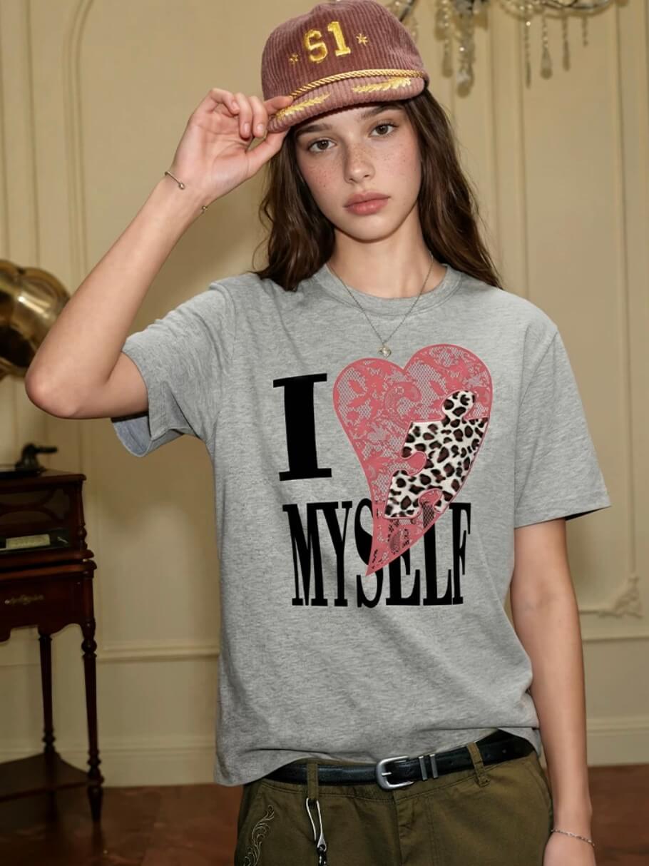 YADcrew Heart Puzzle Patchwork Lace Leopard Tee