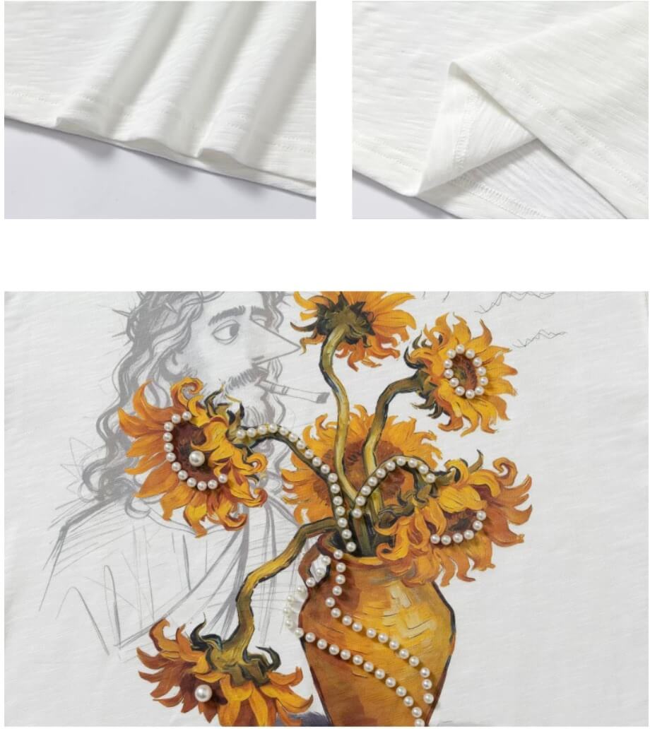 YADcrew Sunflower Jesus Print Pearl Embellished Tee