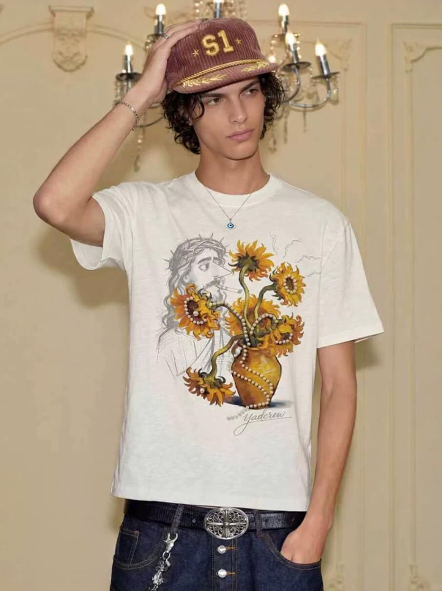YADcrew Sunflower Jesus Print Pearl Embellished Tee