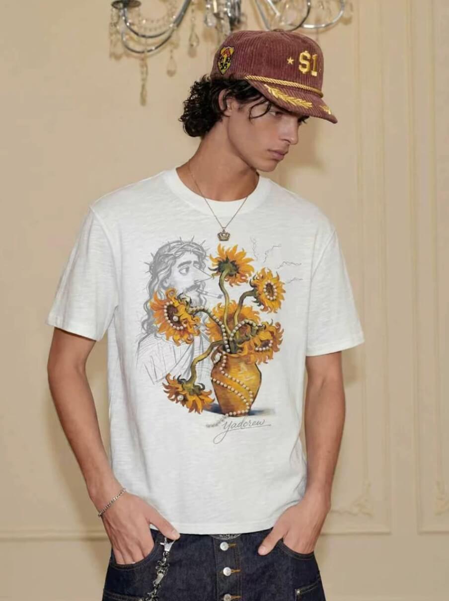 YADcrew Sunflower Jesus Print Pearl Embellished Tee