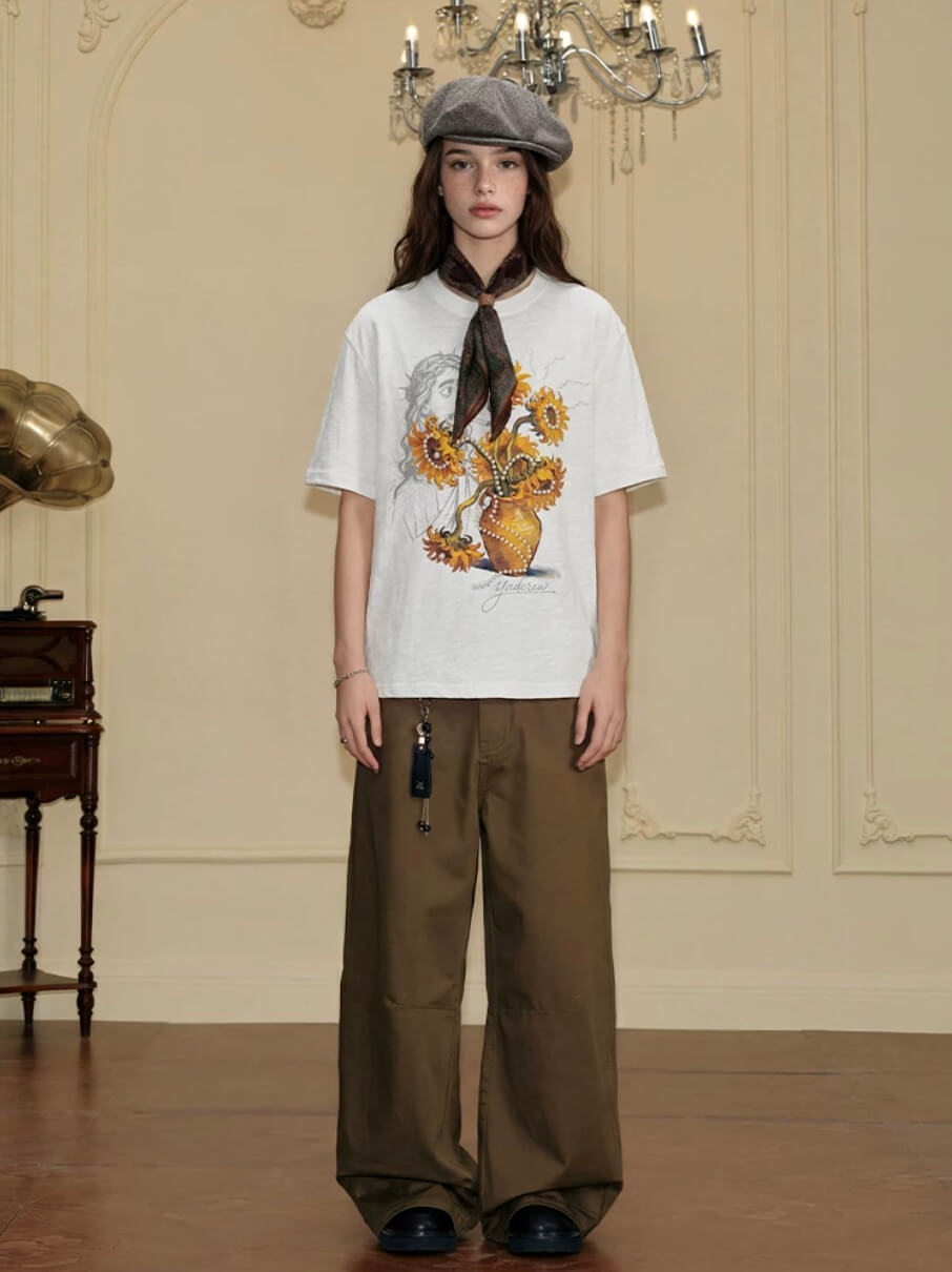 YADcrew Sunflower Jesus Print Pearl Embellished Tee