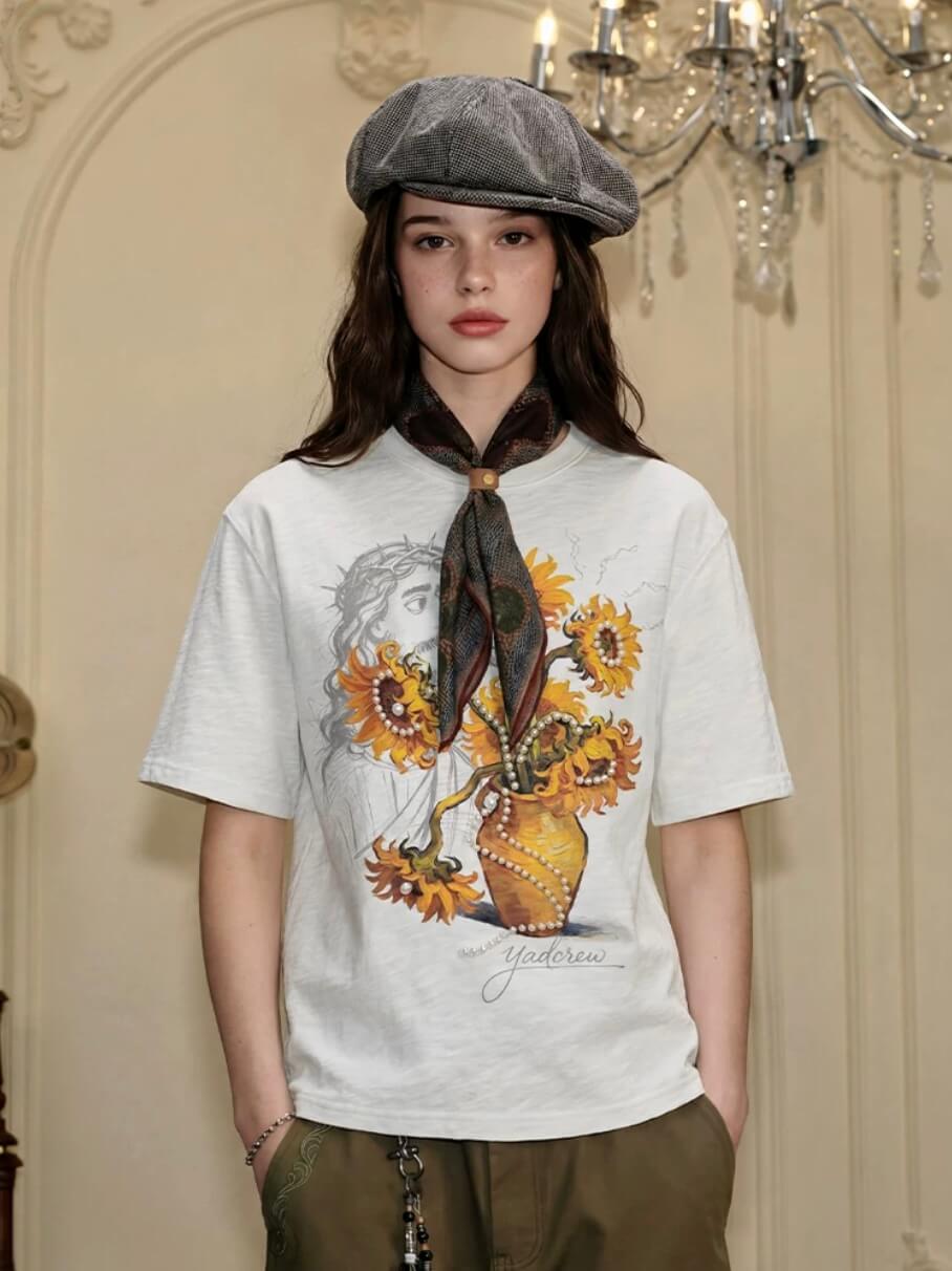 YADcrew Sunflower Jesus Print Pearl Embellished Tee