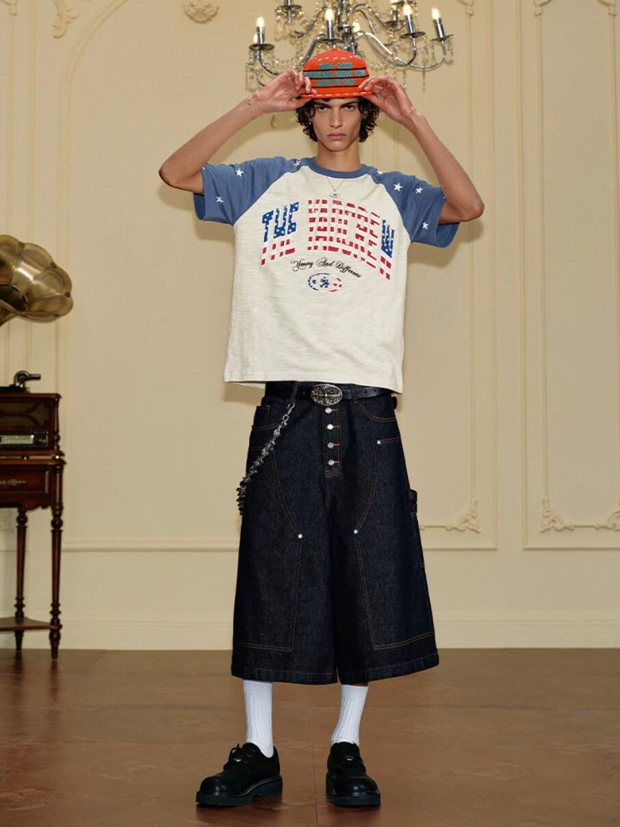YADcrew American Star Print Raglan Color Block Tee