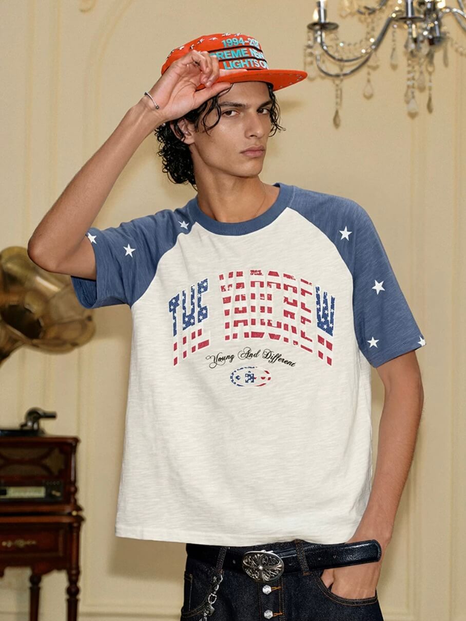 YADcrew American Star Print Raglan Color Block Tee
