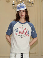 YADcrew American Star Print Raglan Color Block Tee
