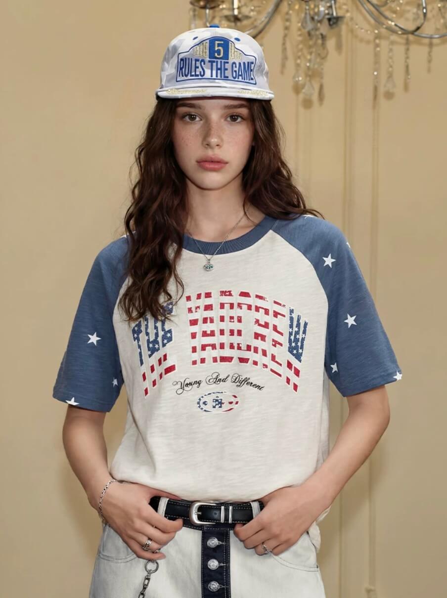 YADcrew American Star Print Raglan Color Block Tee