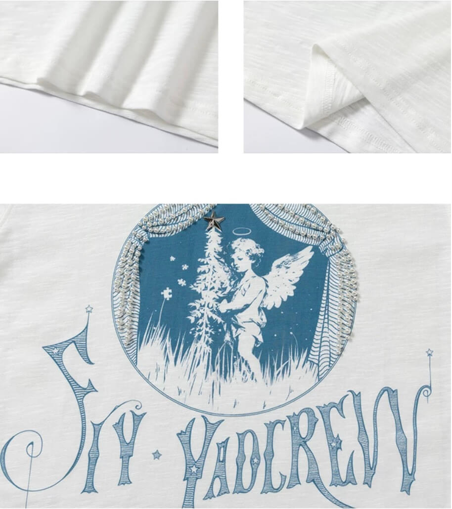 YADcrew Angel Print Star Studded Pearl Embellished Tee
