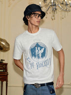 YADcrew Angel Print Star Studded Pearl Embellished Tee