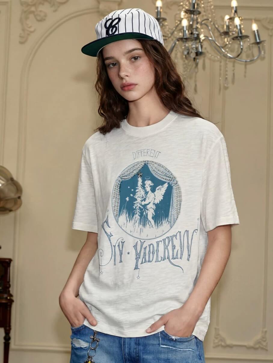 YADcrew Angel Print Star Studded Pearl Embellished Tee