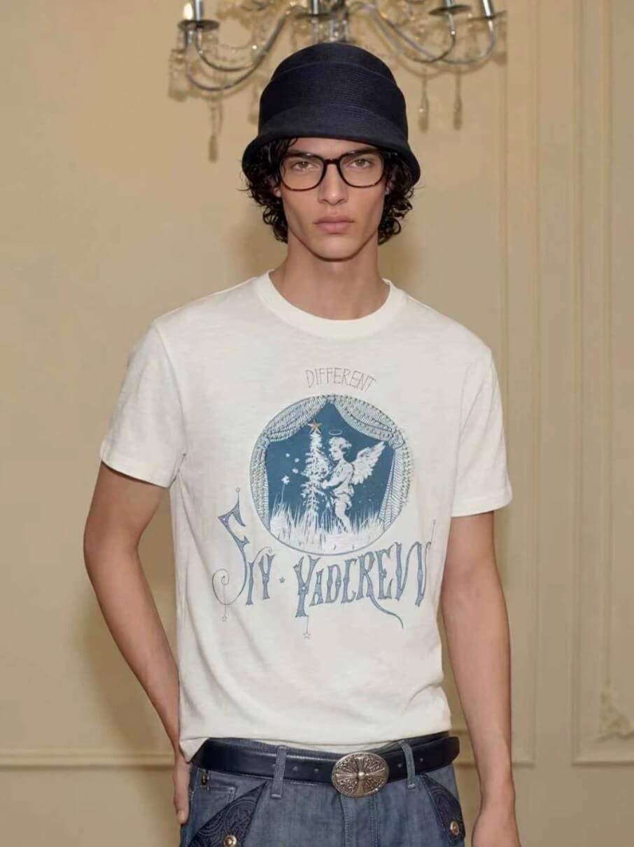 YADcrew Angel Print Star Studded Pearl Embellished Tee