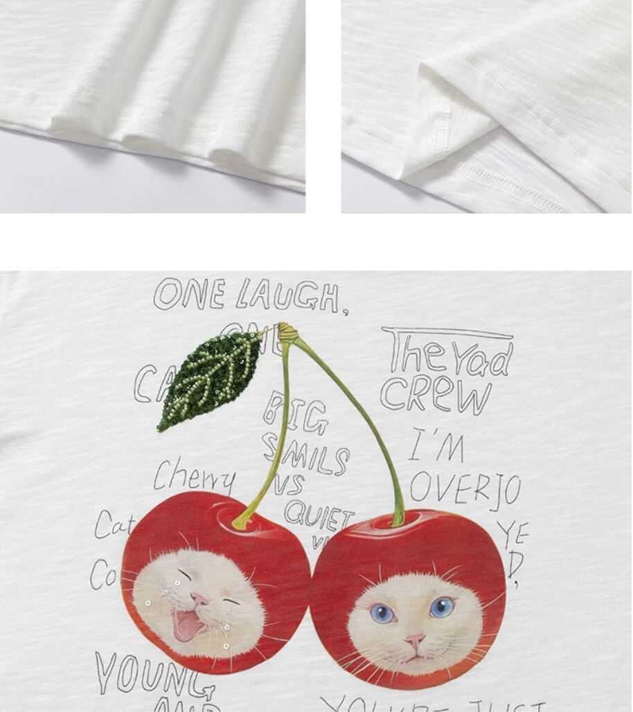 YADcrew Cherry Cat Print Bead and Rhinestone Tee