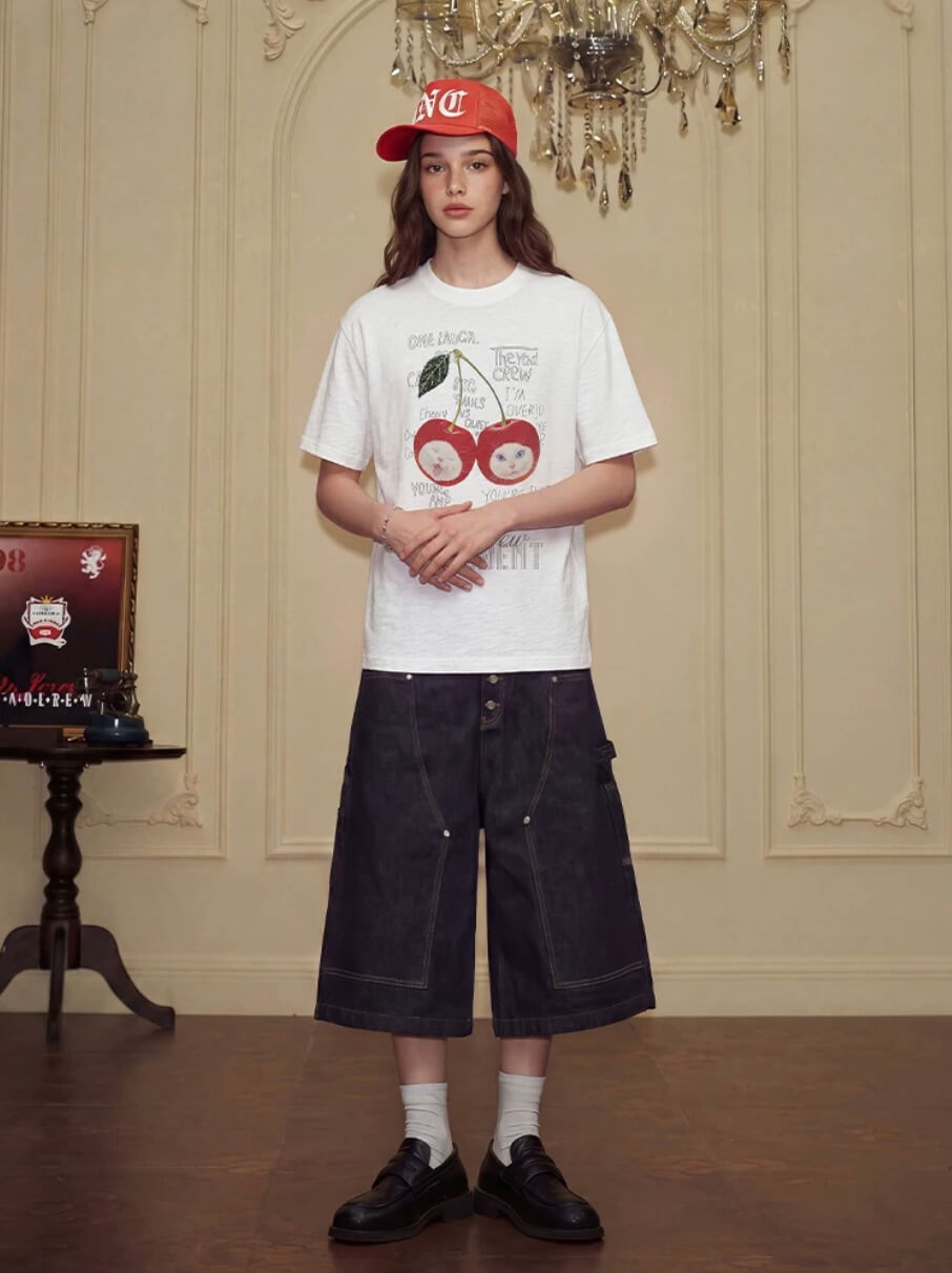 YADcrew Cherry Cat Print Bead and Rhinestone Tee