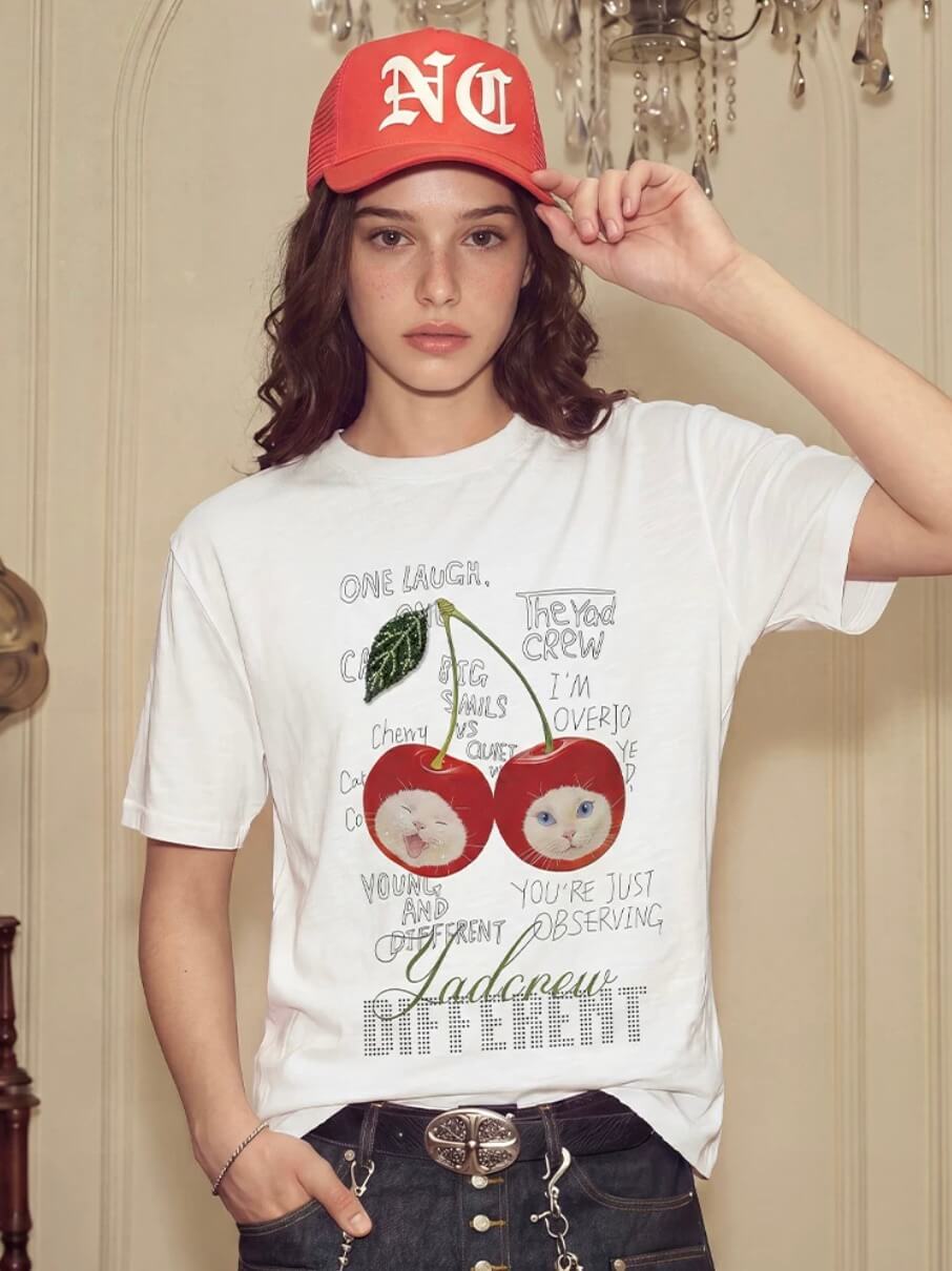 YADcrew Cherry Cat Print Bead and Rhinestone Tee