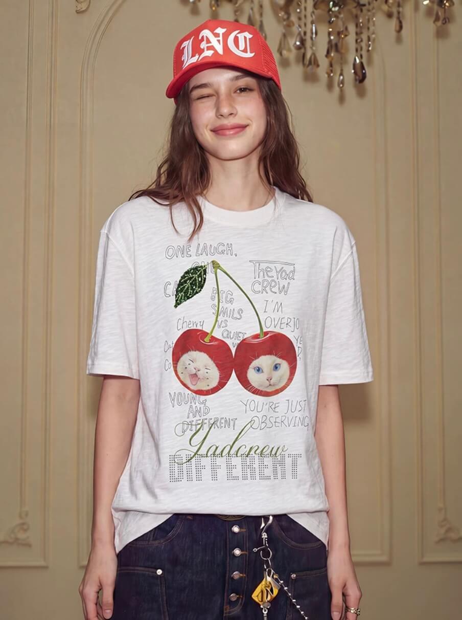 YADcrew Cherry Cat Print Bead and Rhinestone Tee