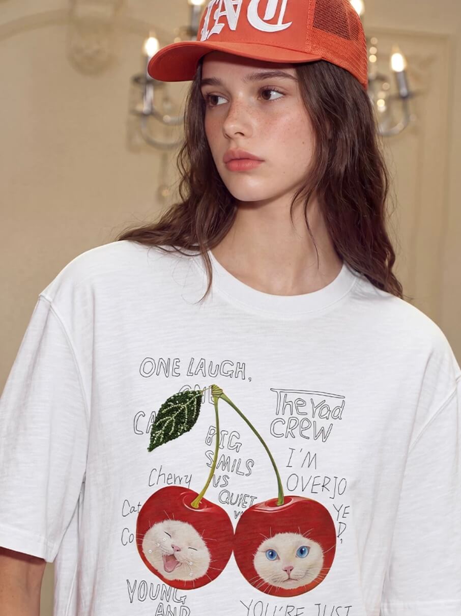 YADcrew Cherry Cat Print Bead and Rhinestone Tee
