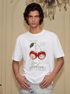 YADcrew Cherry Cat Print Bead and Rhinestone Tee