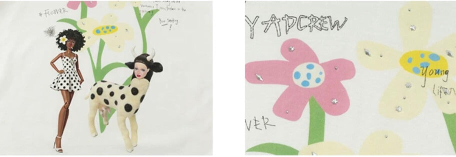 YADcrew Doll and Flower Art Print Rhinestone Tee
