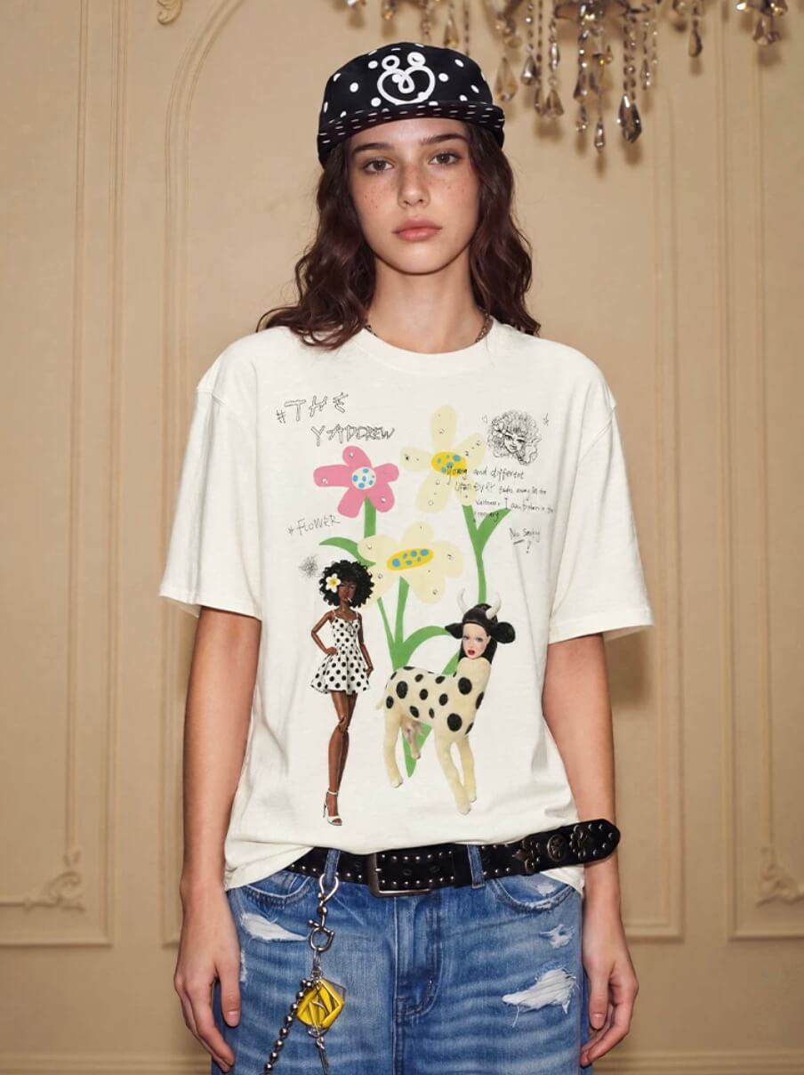 YADcrew Doll and Flower Art Print Rhinestone Tee