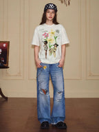 YADcrew Doll and Flower Art Print Rhinestone Tee