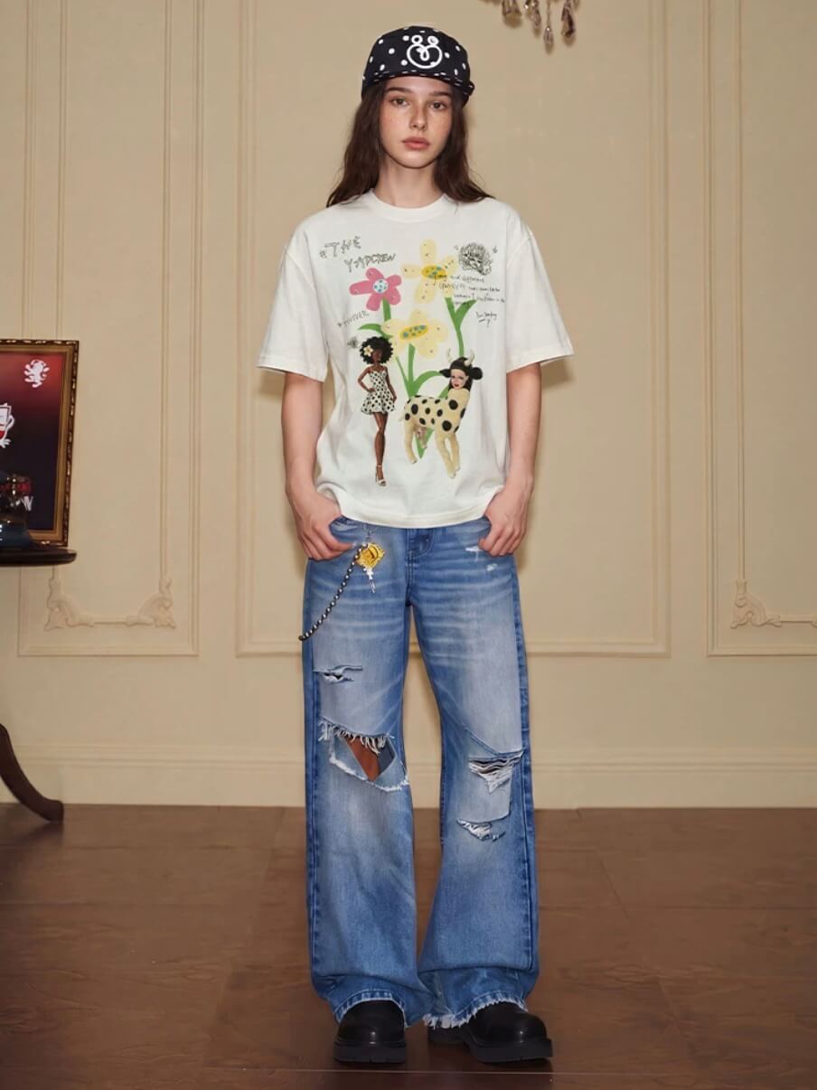 YADcrew Doll and Flower Art Print Rhinestone Tee
