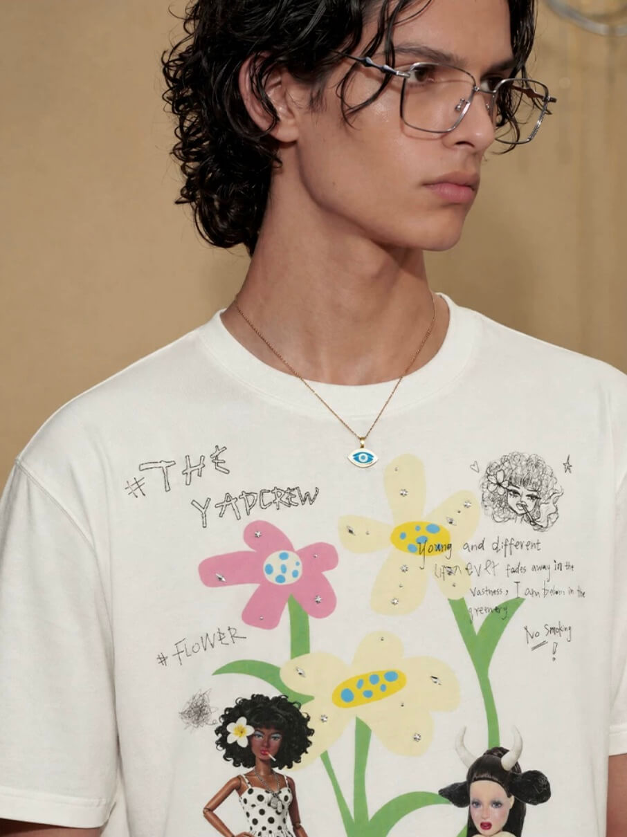 YADcrew Doll and Flower Art Print Rhinestone Tee
