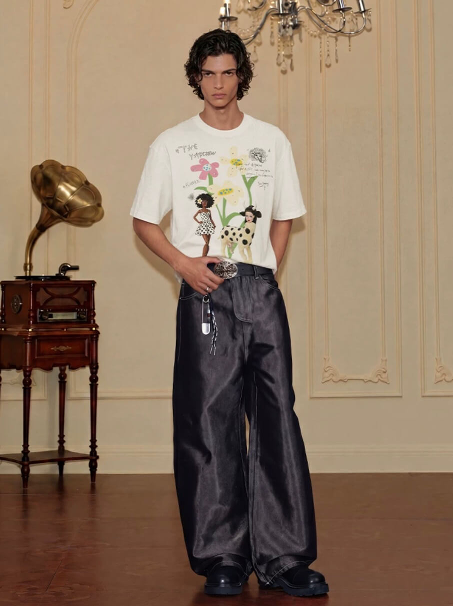 YADcrew Doll and Flower Art Print Rhinestone Tee