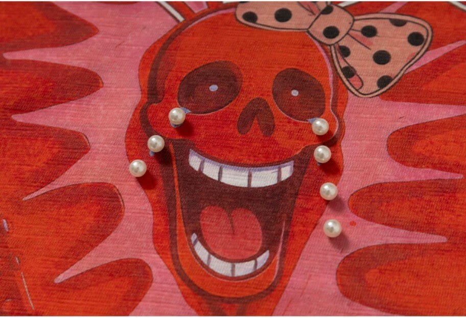 YADcrew Berry Bone Sweetheart Print Pearl and Rhinestone Tee