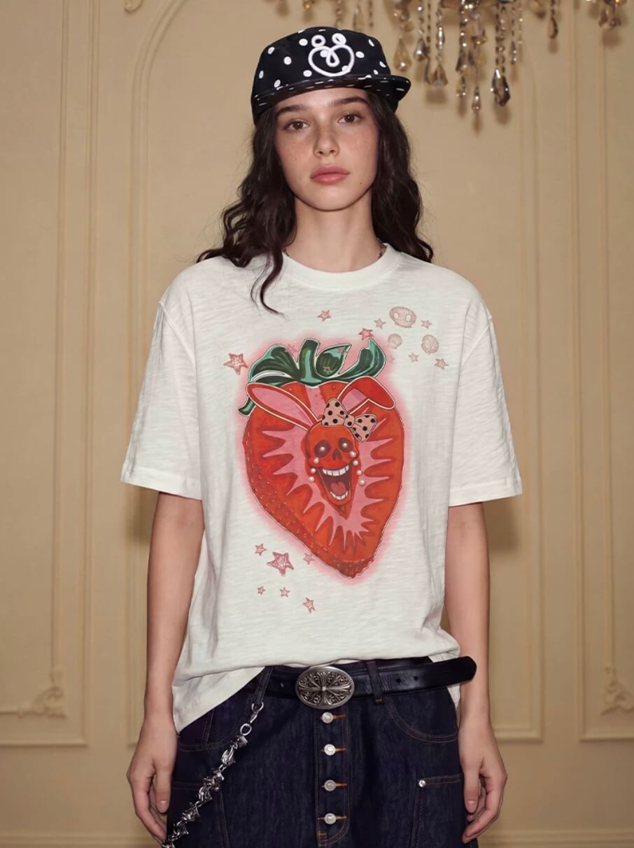 YADcrew Berry Bone Sweetheart Print Pearl and Rhinestone Tee