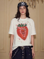 YADcrew Berry Bone Sweetheart Print Pearl and Rhinestone Tee