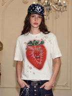 YADcrew Berry Bone Sweetheart Print Pearl and Rhinestone Tee