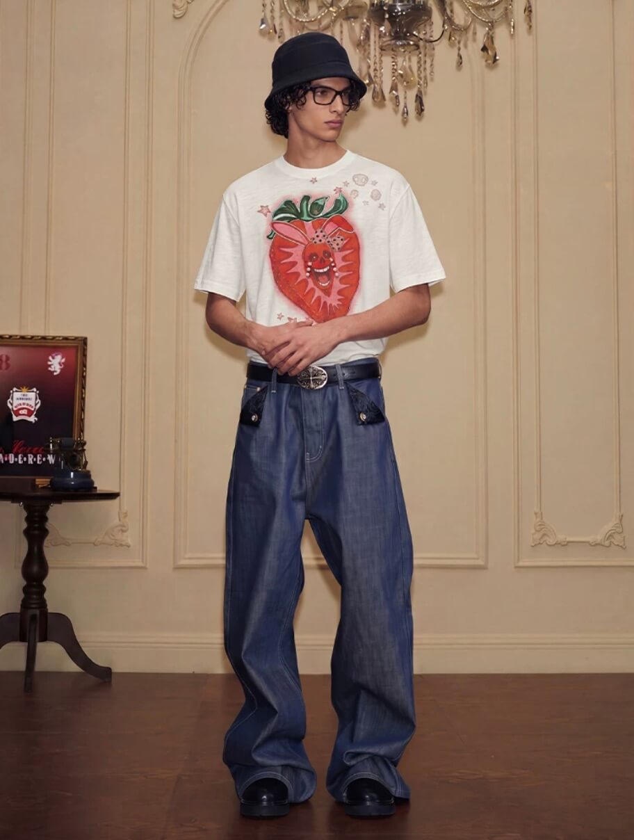 YADcrew Berry Bone Sweetheart Print Pearl and Rhinestone Tee