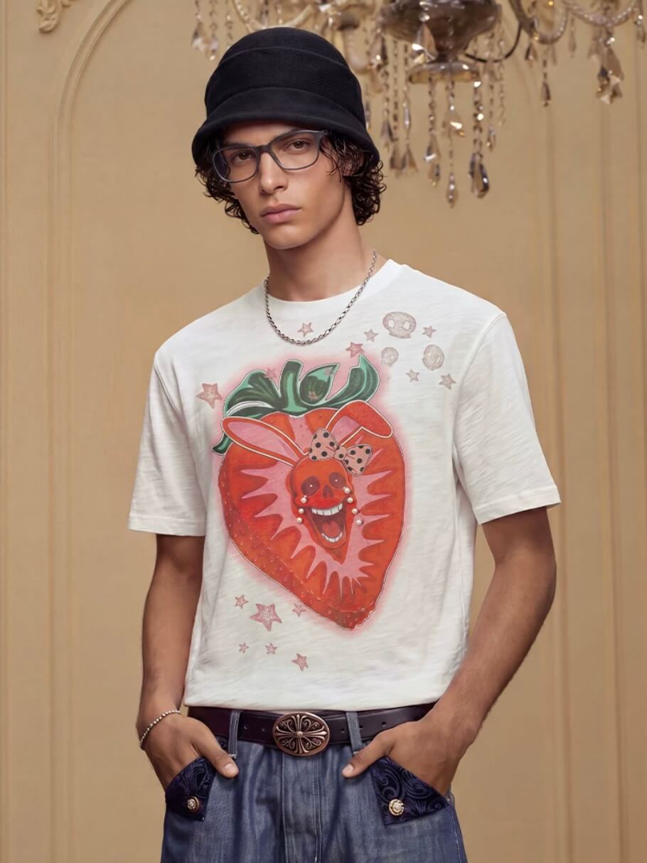YADcrew Berry Bone Sweetheart Print Pearl and Rhinestone Tee