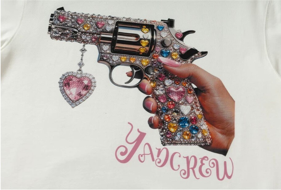 YADcrew Rhinestone Revolver Digital Print Tee