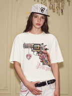 YADcrew Rhinestone Revolver Digital Print Tee