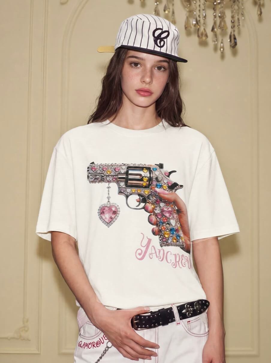 YADcrew Rhinestone Revolver Digital Print Tee