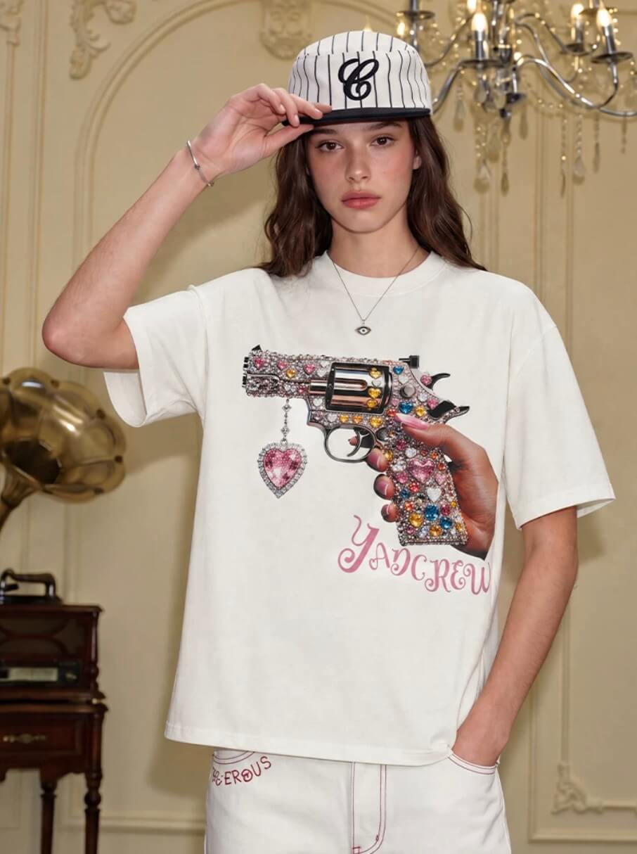 YADcrew Rhinestone Revolver Digital Print Tee