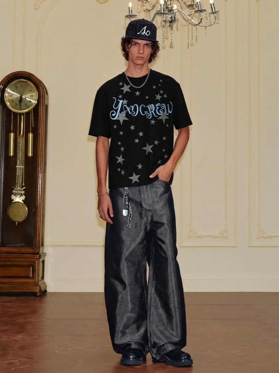 YADcrew Star Print 3D Logo Embroidered Tee