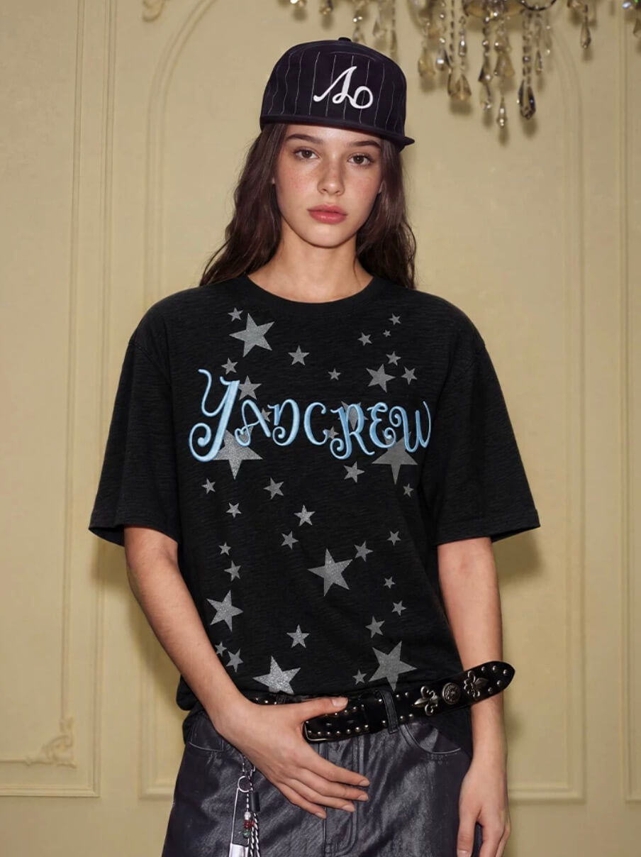 YADcrew Star Print 3D Logo Embroidered Tee