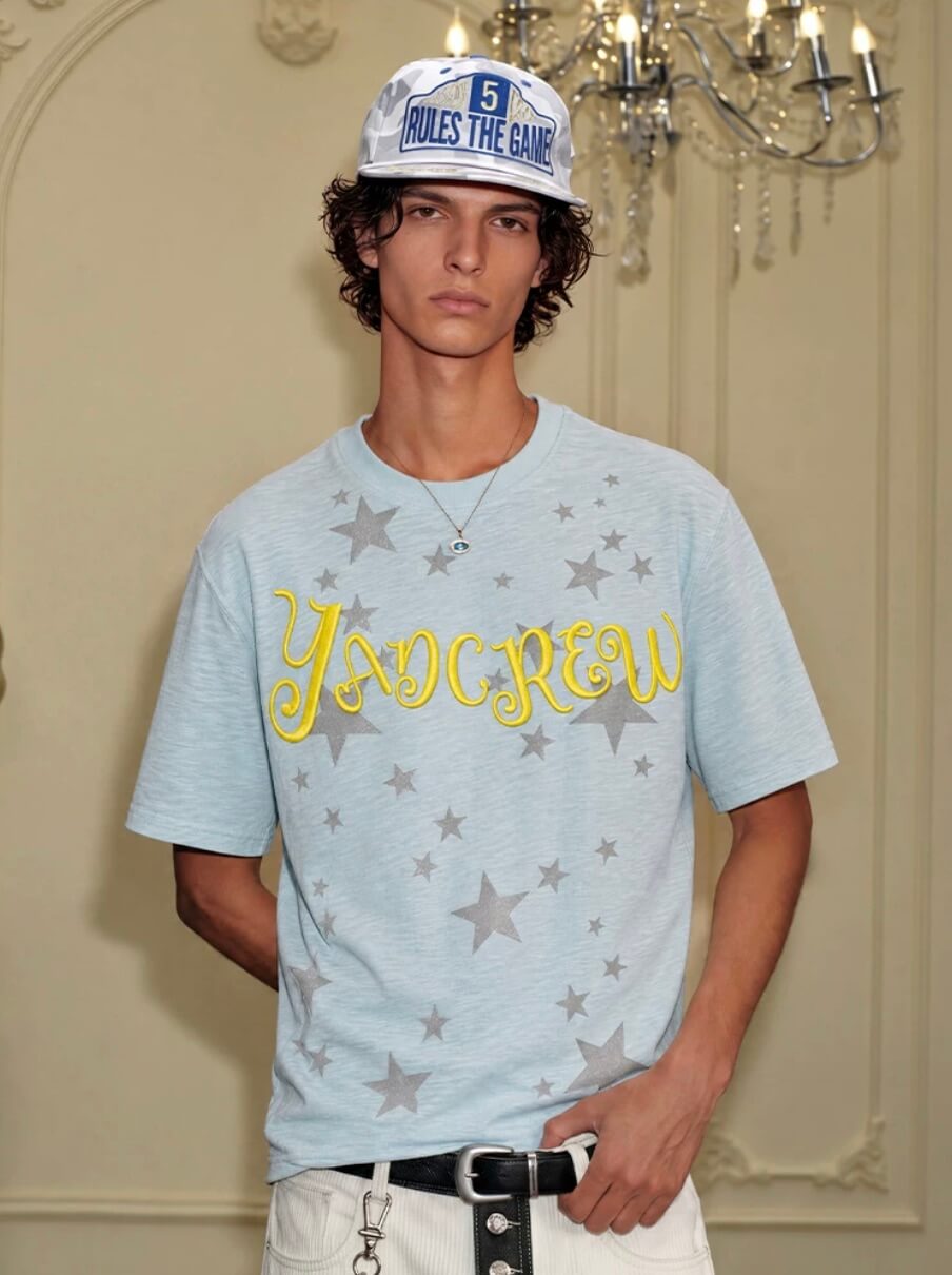 YADcrew Star Print 3D Logo Embroidered Tee