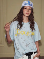 YADcrew Star Print 3D Logo Embroidered Tee