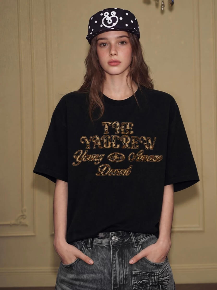 YADcrew Fuzzy Leopard Logo Patch Tee