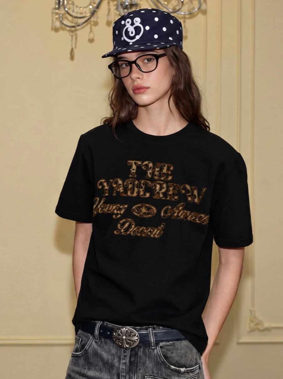 YADcrew Fuzzy Leopard Logo Patch Tee