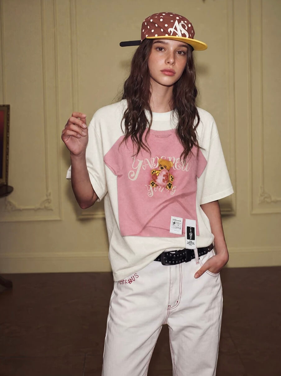 YADcrew Digital Print Cute Bear Rhinestone Tee