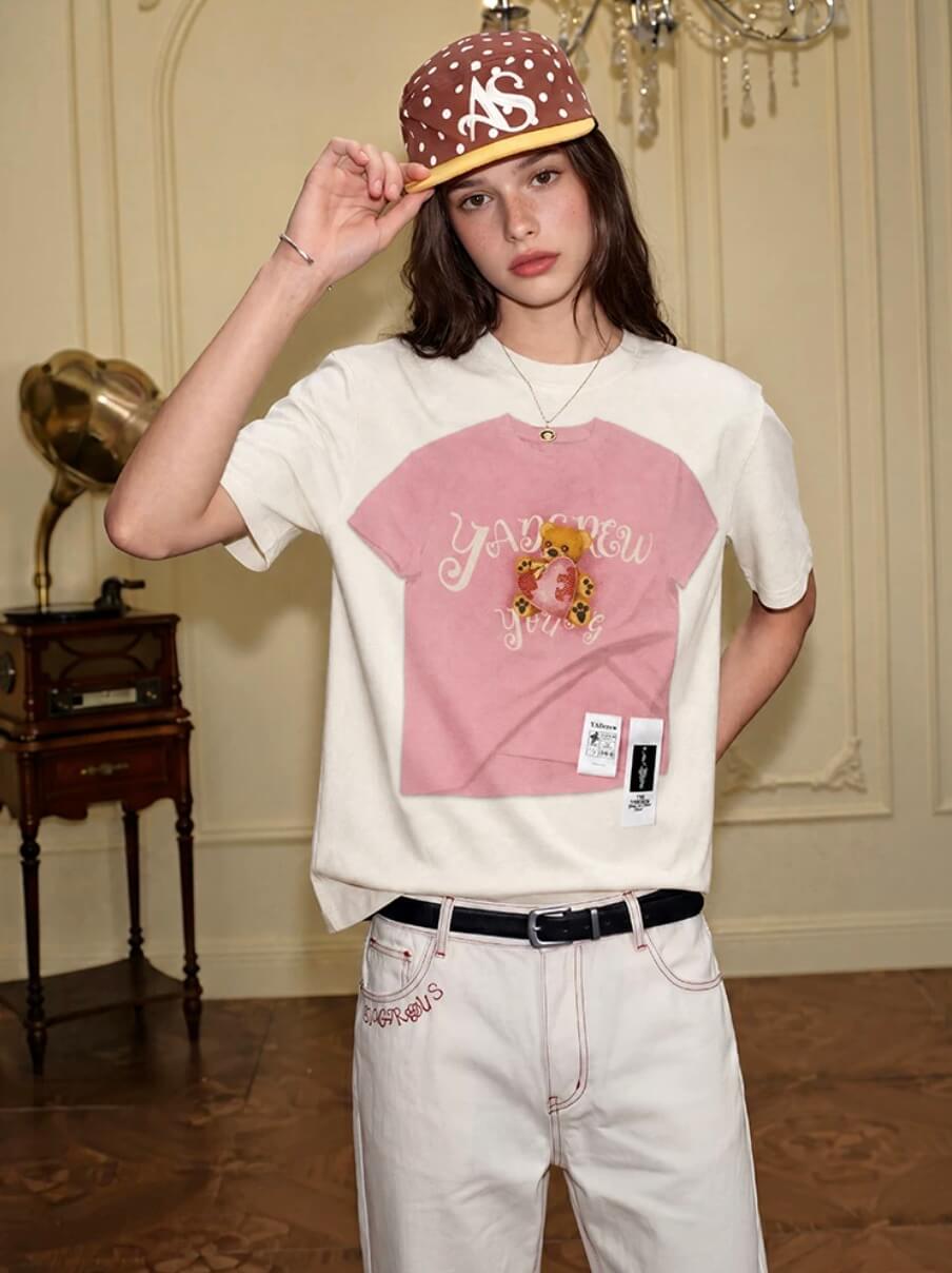 YADcrew Digital Print Cute Bear Rhinestone Tee