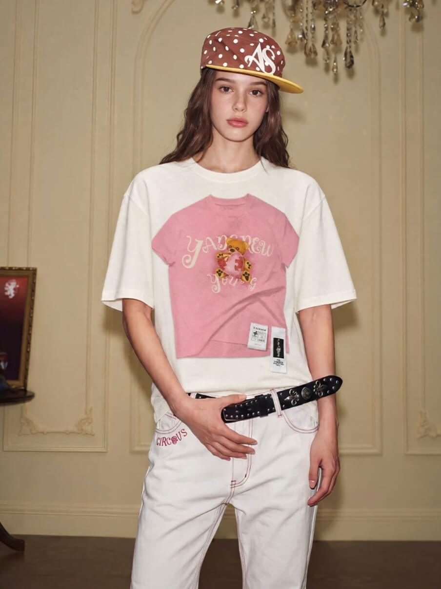 YADcrew Digital Print Cute Bear Rhinestone Tee