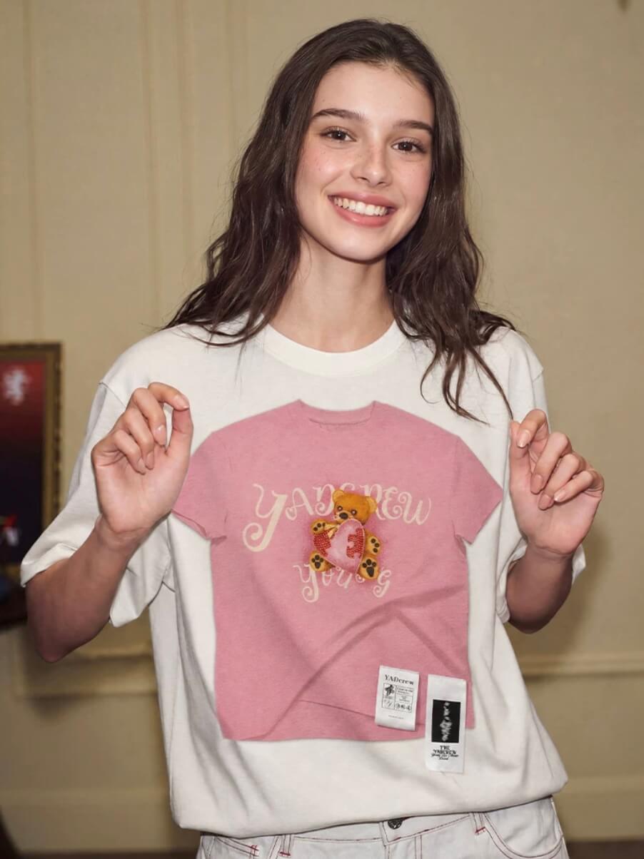 YADcrew Digital Print Cute Bear Rhinestone Tee