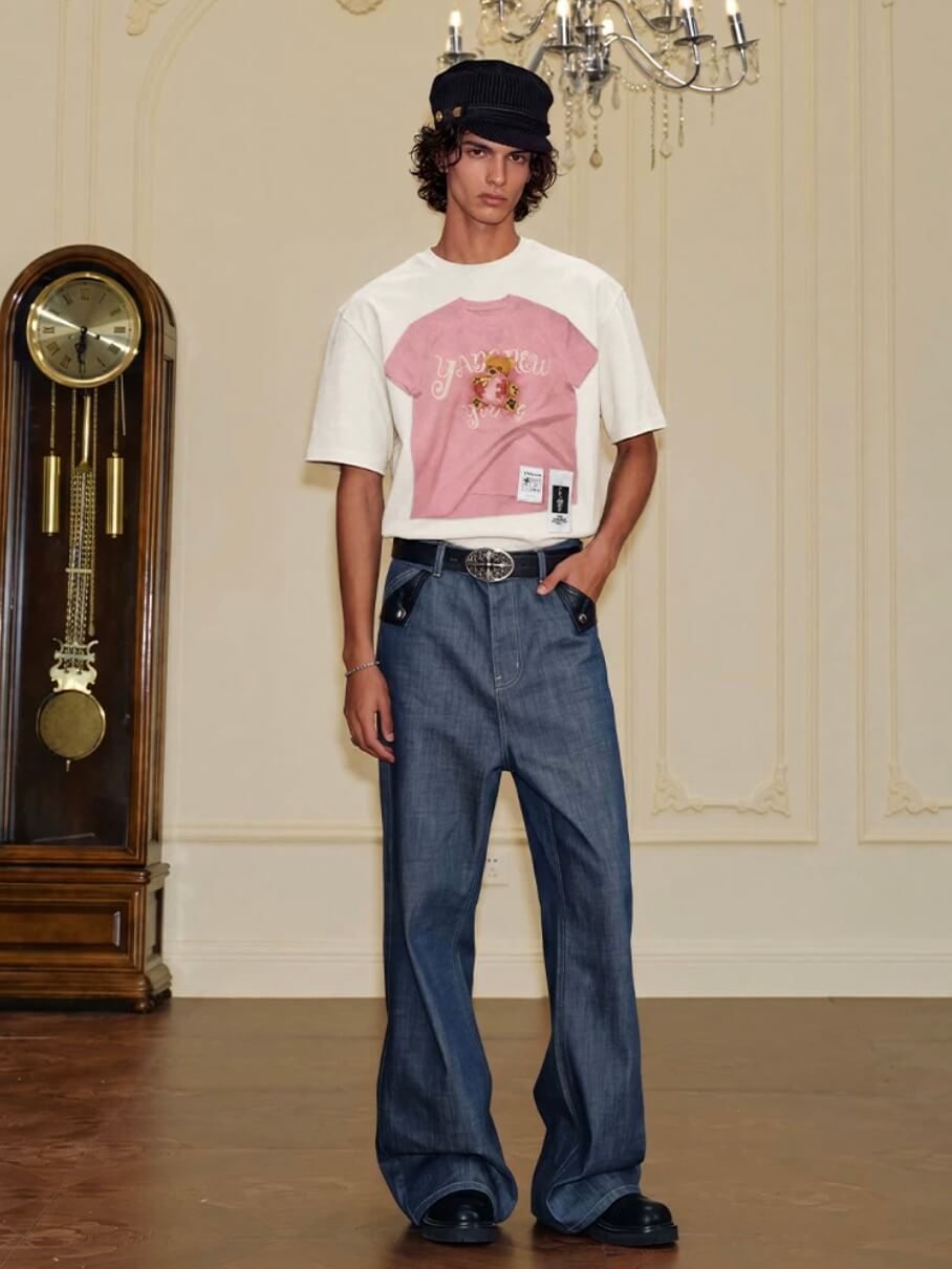 YADcrew Digital Print Cute Bear Rhinestone Tee