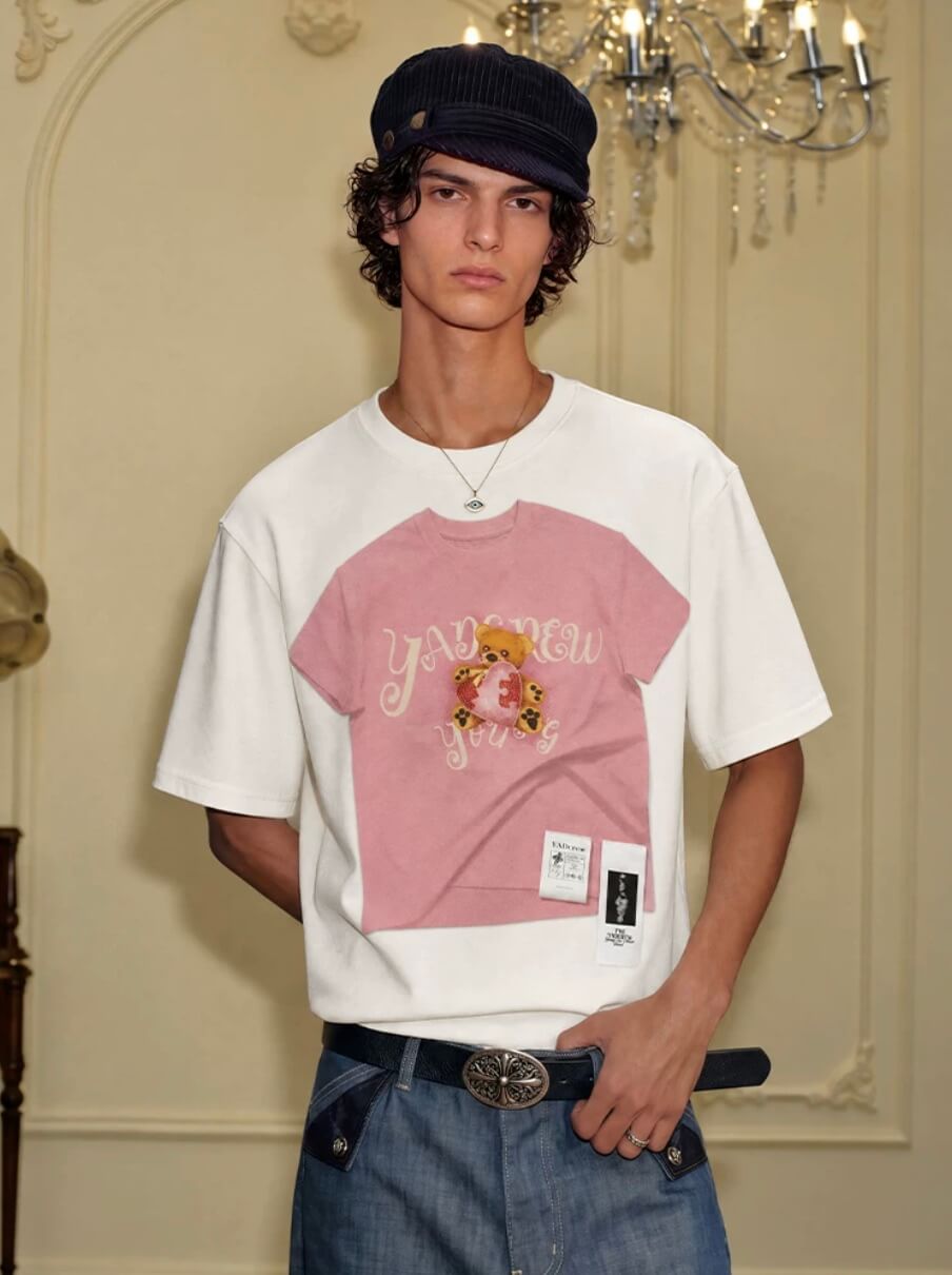 YADcrew Digital Print Cute Bear Rhinestone Tee