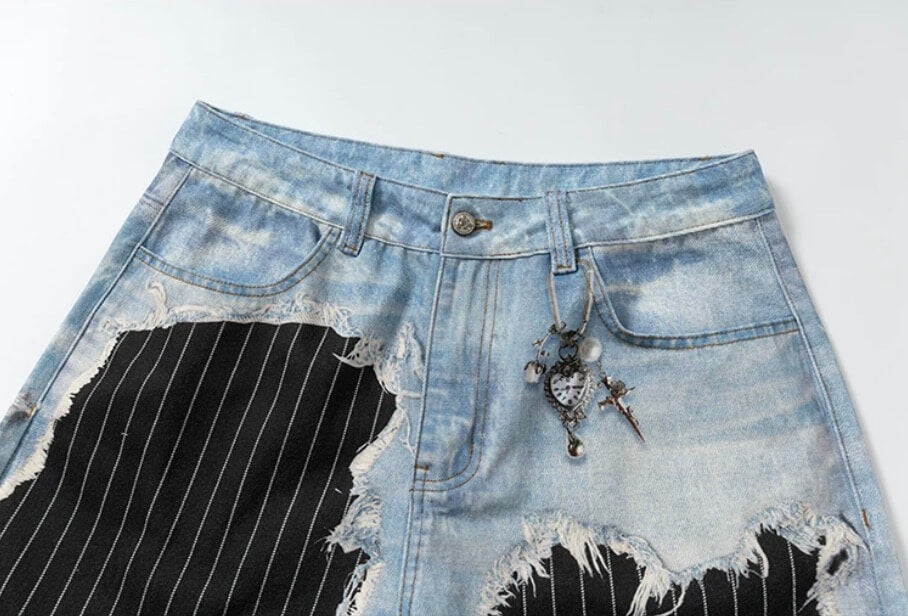 YADcrew Denim Stripe 3D Digital Print Shorts