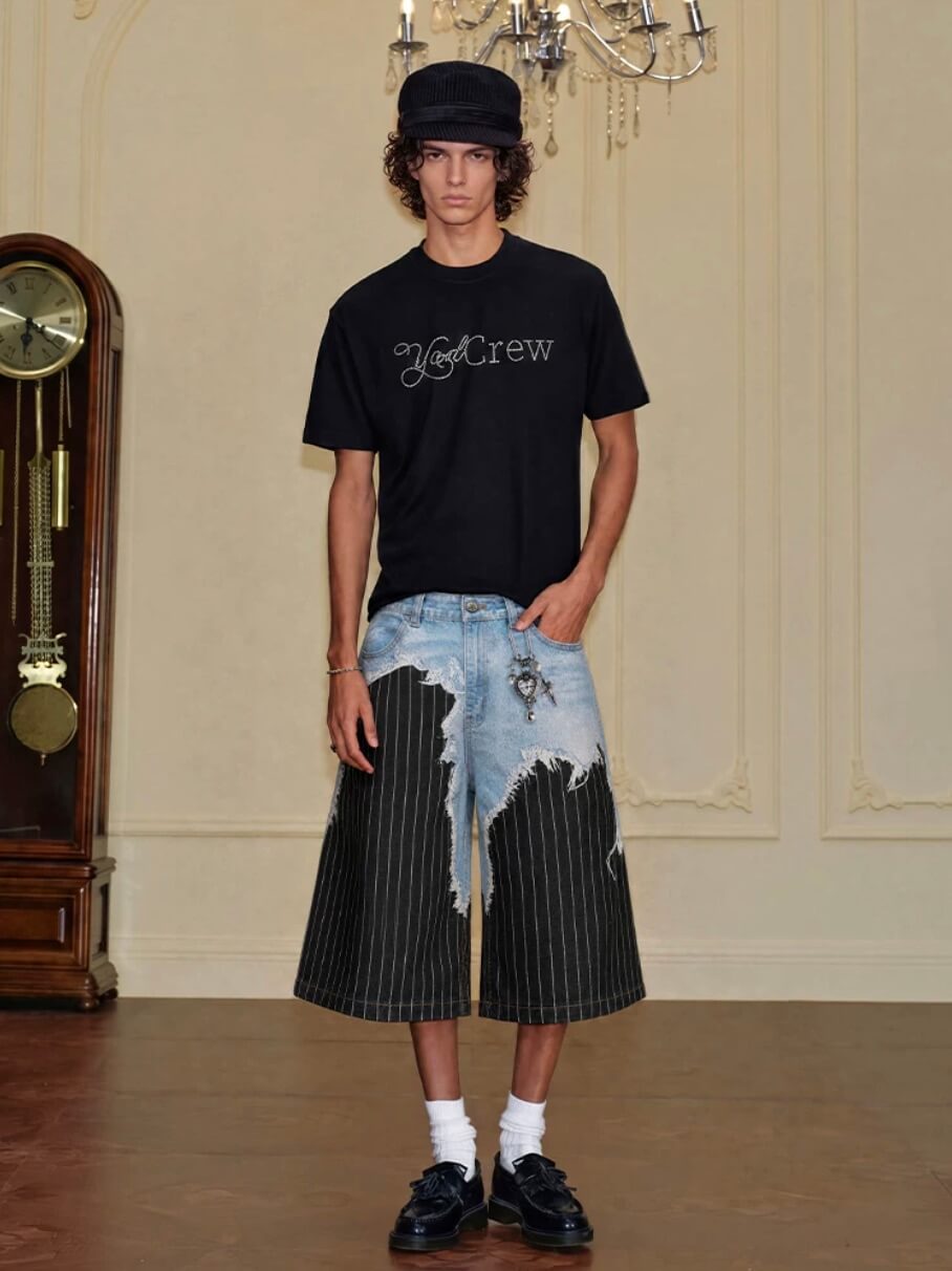 YADcrew Denim Stripe 3D Digital Print Shorts